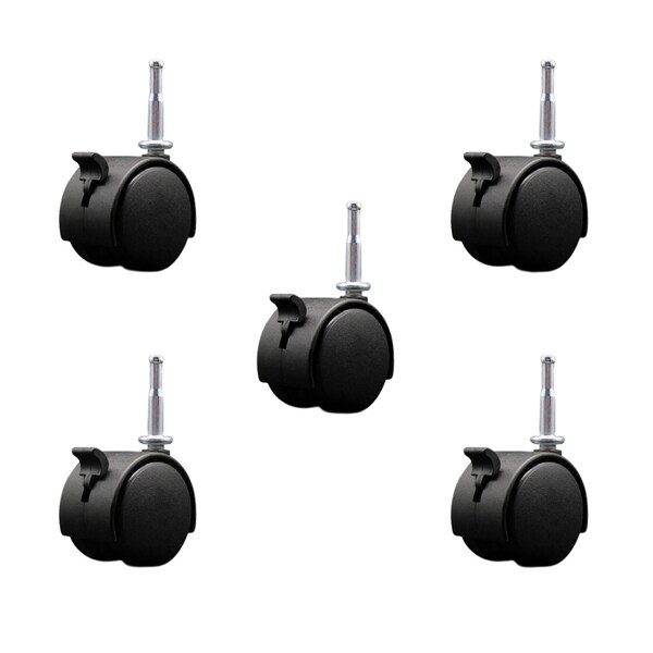 2'' Chair Casters Nylon Twin Wheel with Brakes 5/16'' Grip Neck Stem, 5PK